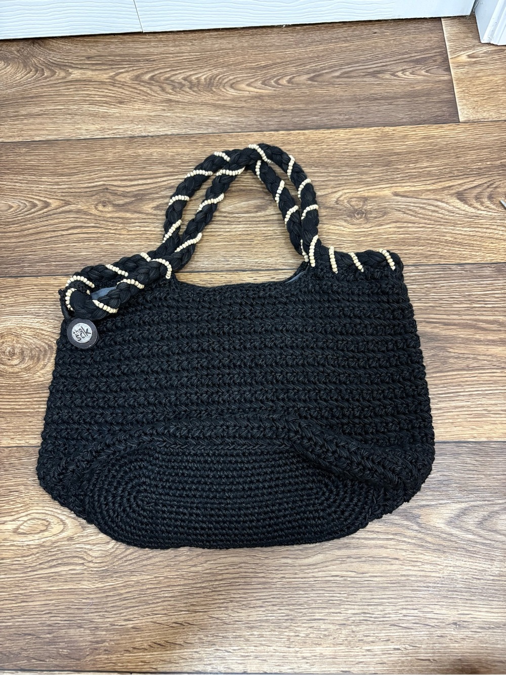 The Sak Black Woven Beaded Shoulder Bag Boho Coastal Resort Tote